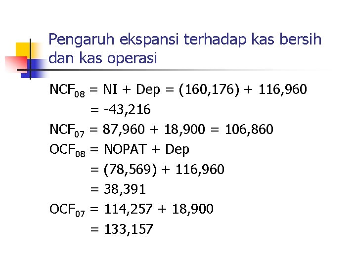 Pengaruh ekspansi terhadap kas bersih dan kas operasi NCF 08 = NI + Dep