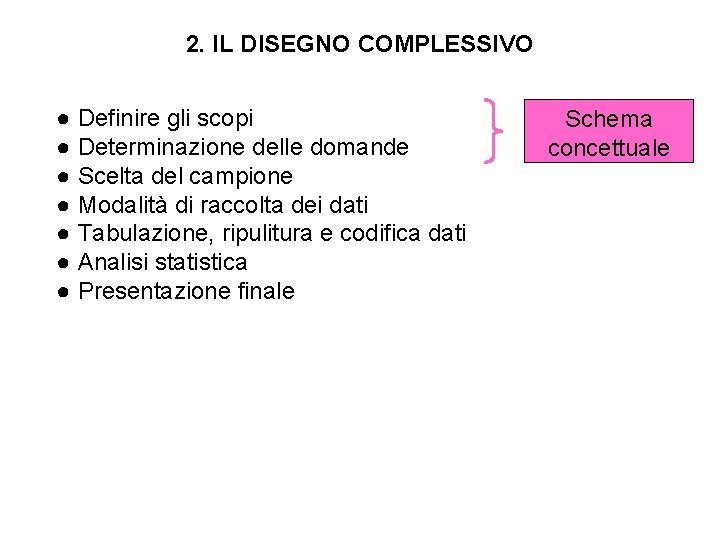 2. IL DISEGNO COMPLESSIVO ● Definire gli scopi ● Determinazione delle domande ● Scelta