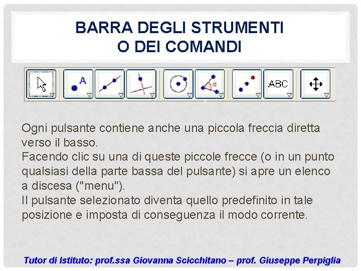 BARRA DEGLI STRUMENTI O DEI COMANDI Ogni pulsante contiene anche una piccola freccia diretta