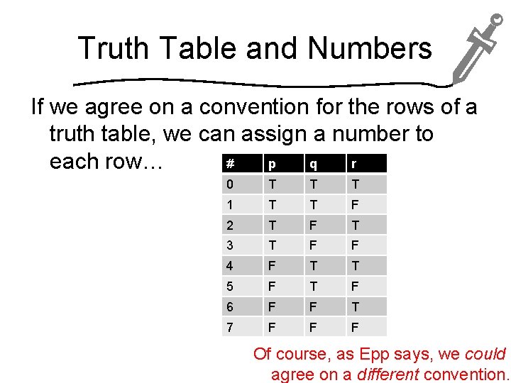 Truth Table and Numbers If we agree on a convention for the rows of