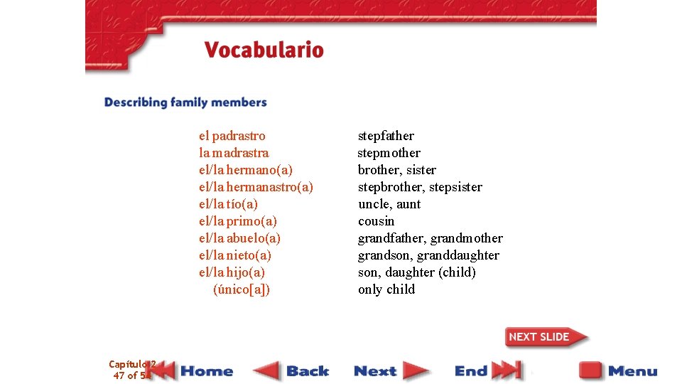 el padrastro la madrastra el/la hermano(a) el/la hermanastro(a) el/la tío(a) el/la primo(a) el/la abuelo(a)