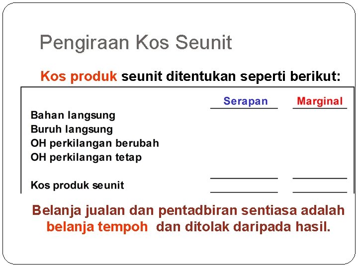 Pengiraan Kos Seunit Kos produk seunit ditentukan seperti berikut: Belanja jualan dan pentadbiran sentiasa