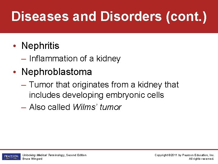 Diseases and Disorders (cont. ) • Nephritis – Inflammation of a kidney • Nephroblastoma