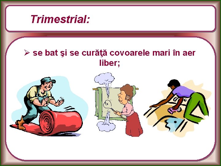 Trimestrial: Ø se bat şi se curăţă covoarele mari în aer liber; 