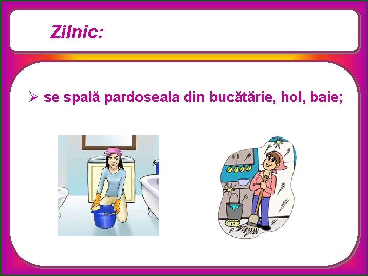 Zilnic: Ø se spală pardoseala din bucătărie, hol, baie; 