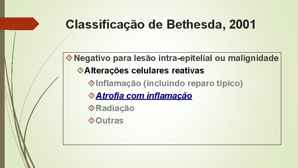 Classificação de Bethesda, 2001 Negativo para lesão intra-epitelial ou malignidade Alterações celulares reativas Inflamação