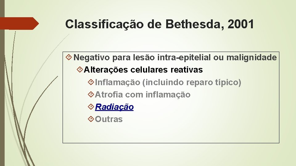 Classificação de Bethesda, 2001 Negativo para lesão intra-epitelial ou malignidade Alterações celulares reativas Inflamação