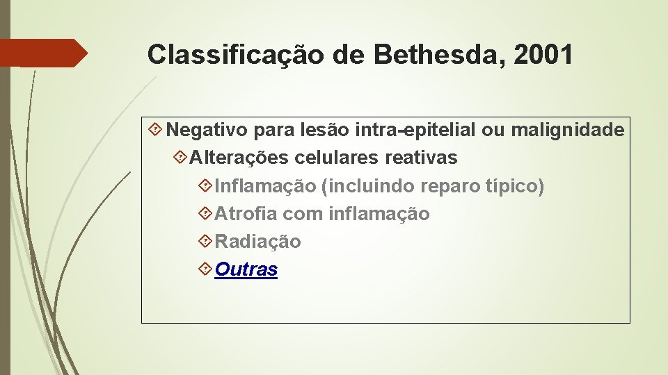 Classificação de Bethesda, 2001 Negativo para lesão intra-epitelial ou malignidade Alterações celulares reativas Inflamação