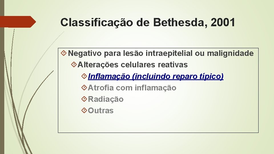 Classificação de Bethesda, 2001 Negativo para lesão intraepitelial ou malignidade Alterações celulares reativas Inflamação