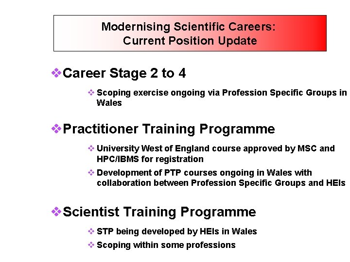 Modernising Scientific Careers: Current Position Update v. Career Stage 2 to 4 v Scoping
