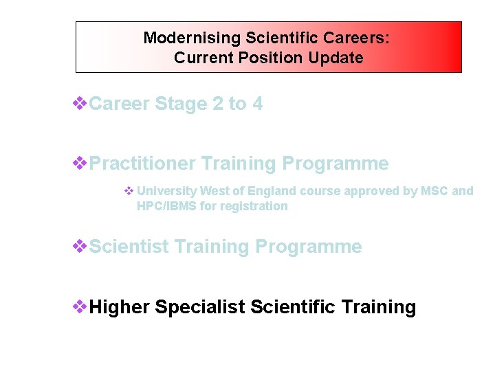 Modernising Scientific Careers: Current Position Update v. Career Stage 2 to 4 v. Practitioner