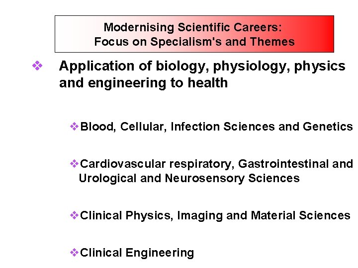 Modernising Scientific Careers: Focus on Specialism's and Themes v Application of biology, physics and