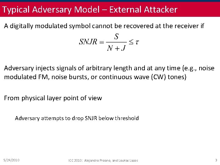 Typical Adversary Model – External Attacker A digitally modulated symbol cannot be recovered at