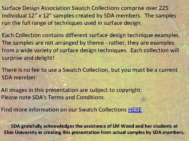 Surface Design Association Swatch Collections comprise over 225 individual 12” x 12” samples created