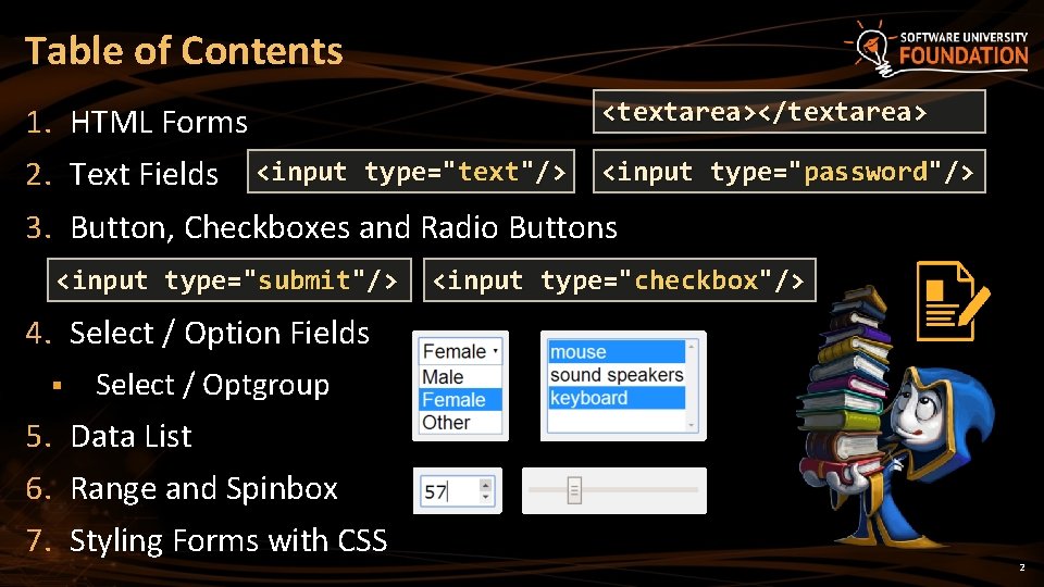 Table of Contents <textarea></textarea> 1. HTML Forms 2. Text Fields <input type="text"/> <input type="password"/>