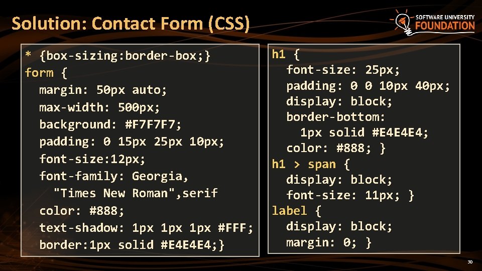 Solution: Contact Form (CSS) * {box-sizing: border-box; } form { margin: 50 px auto;