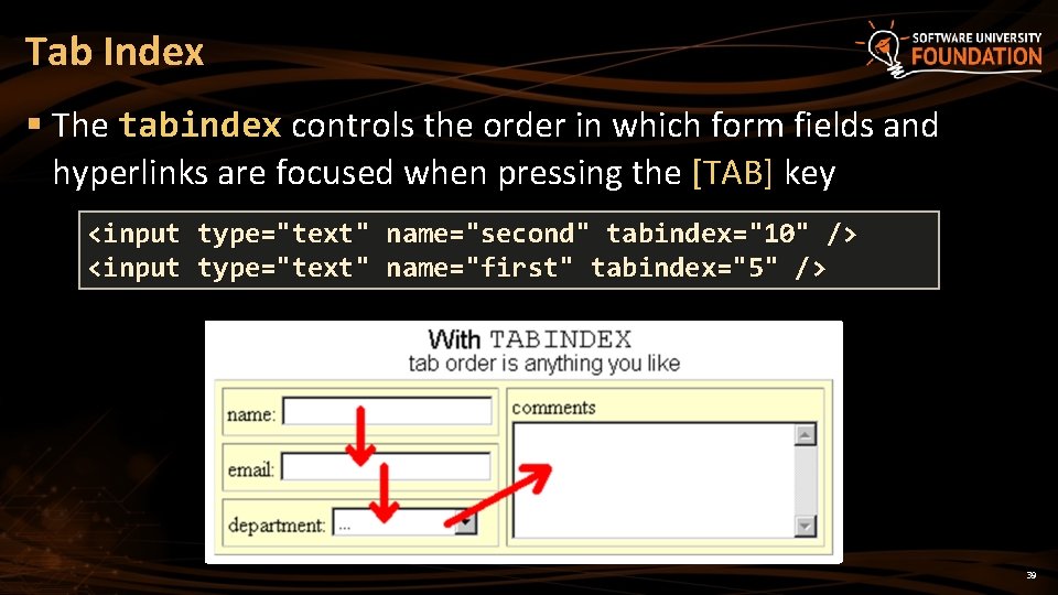 Tab Index § The tabindex controls the order in which form fields and hyperlinks