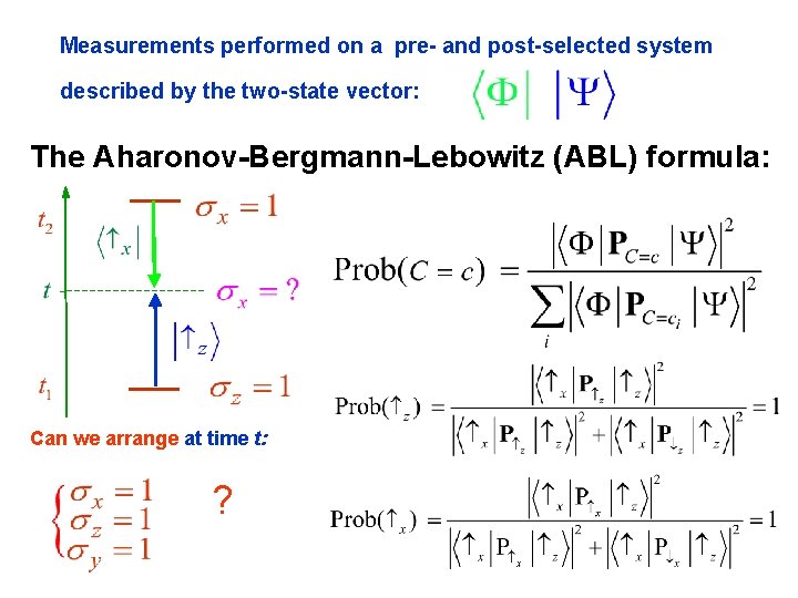 Measurements performed on a pre- and post-selected system described by the two-state vector: The