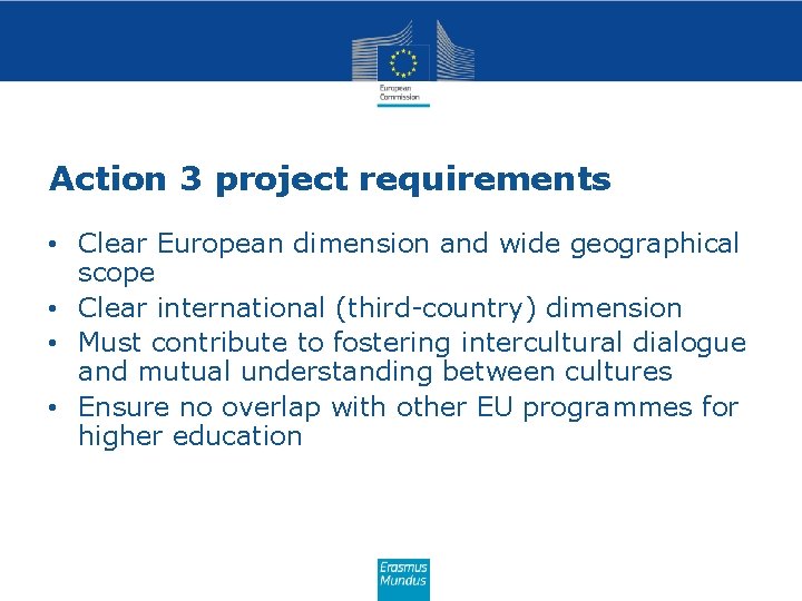Action 3 project requirements • Clear European dimension and wide geographical scope • Clear