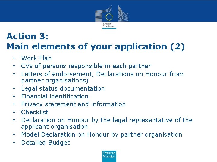 Action 3: Main elements of your application (2) • Work Plan • CVs of