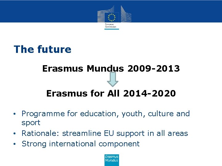 The future Erasmus Mundus 2009 -2013 Erasmus for All 2014 -2020 • Programme for