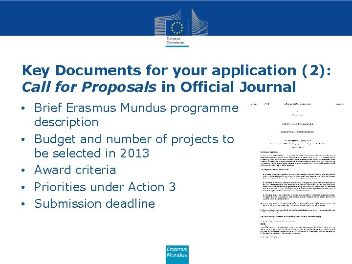 Key Documents for your application (2): Call for Proposals in Official Journal • Brief