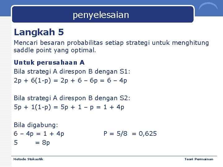 penyelesaian Langkah 5 Mencari besaran probabilitas setiap strategi untuk menghitung saddle point yang optimal.