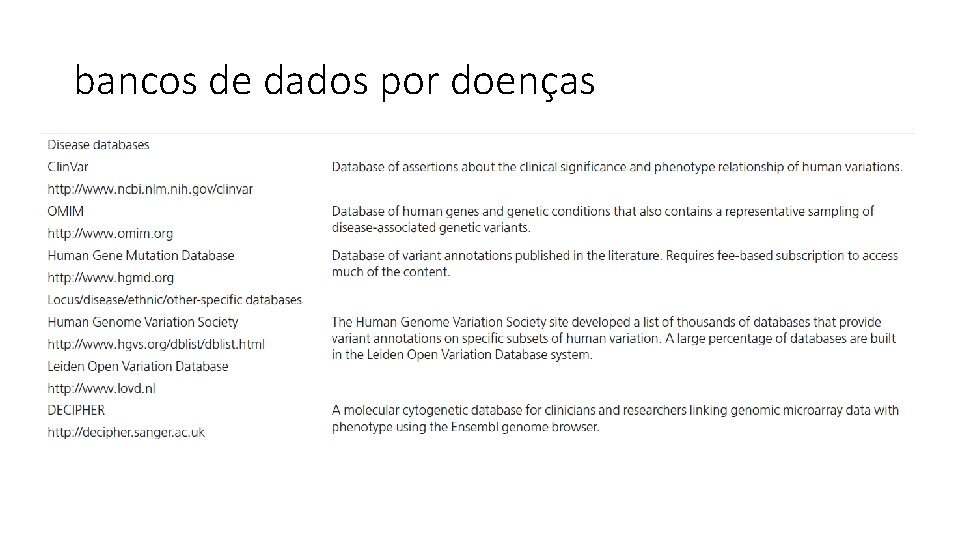 bancos de dados por doenças 