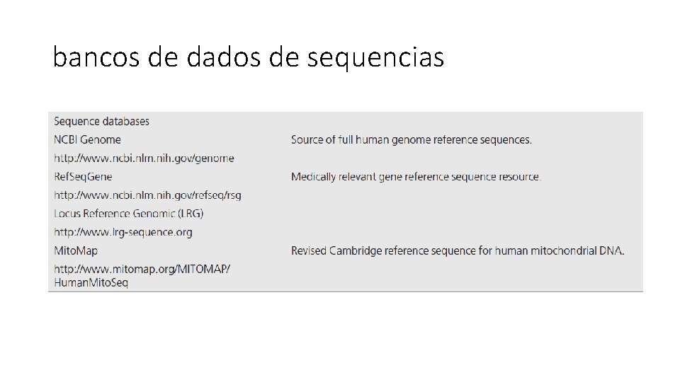 bancos de dados de sequencias 