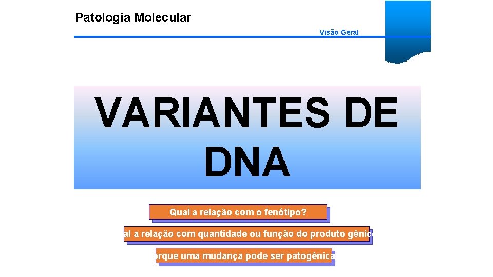 Patologia Molecular Visão Geral VARIANTES DE DNA Qual a relação com o fenótipo? Qual