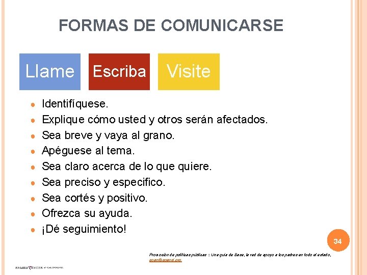 FORMAS DE COMUNICARSE Llame Escriba ● ● ● ● ● Visite Identifíquese. Explique cómo