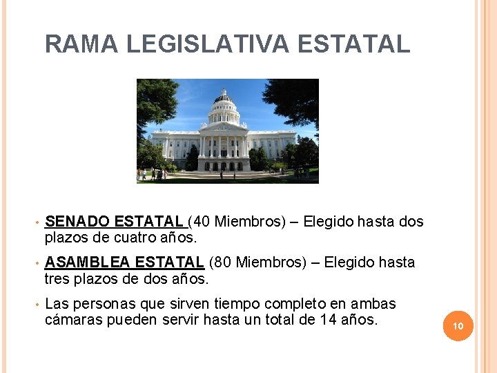 RAMA LEGISLATIVA ESTATAL • SENADO ESTATAL (40 Miembros) – Elegido hasta dos plazos de