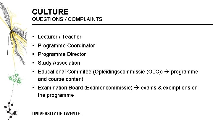 CULTURE QUESTIONS / COMPLAINTS § Lecturer / Teacher § Programme Coordinator § Programme Director CULTURE QUESTIONS / COMPLAINTS § Lecturer / Teacher § Programme Coordinator § Programme Director