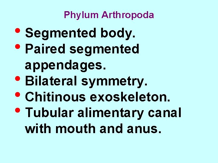Phylum Arthropoda • Segmented body. • Paired segmented appendages. • Bilateral symmetry. • Chitinous