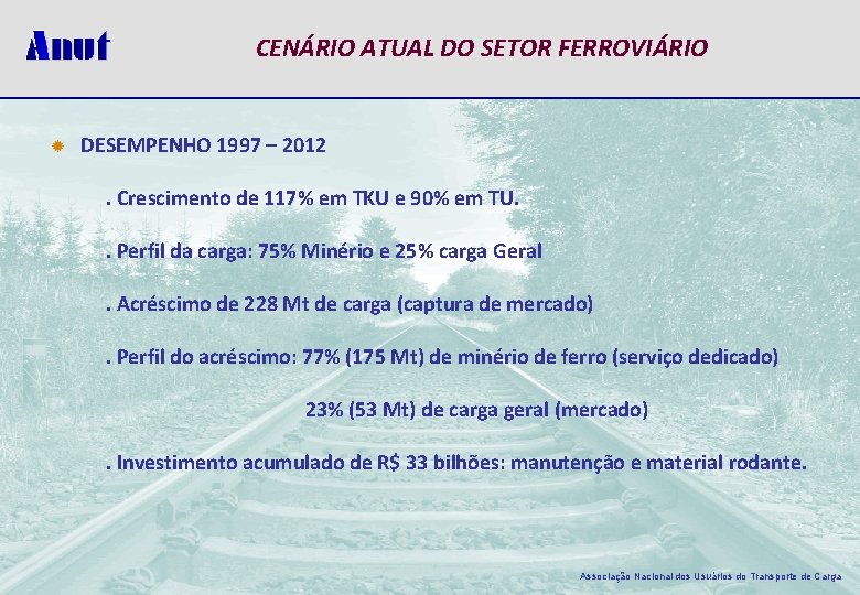 CENÁRIO ATUAL DO SETOR FERROVIÁRIO ® DESEMPENHO 1997 – 2012. Crescimento de 117% em