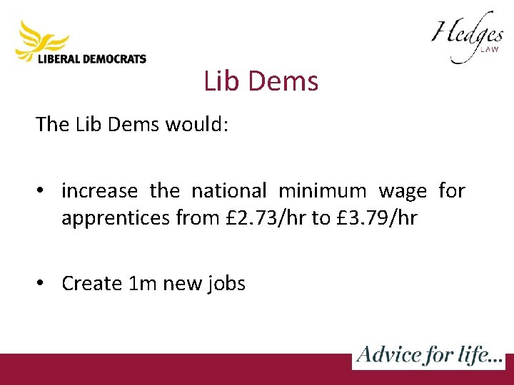 Lib Dems The Lib Dems would: • increase the national minimum wage for apprentices