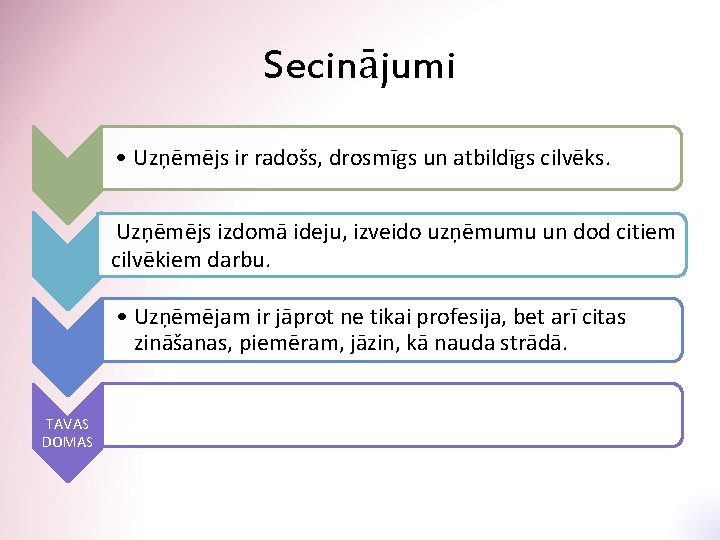 Secinājumi • Uzņēmējs ir radošs, drosmīgs un atbildīgs cilvēks. Uzņēmējs izdomā ideju, izveido uzņēmumu