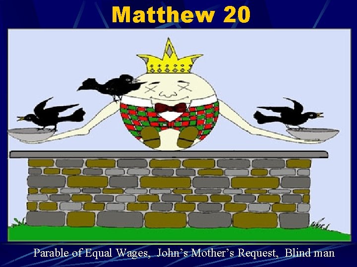 Matthew 20 Parable of Equal Wages, John’s Mother’s Request, Blind man 