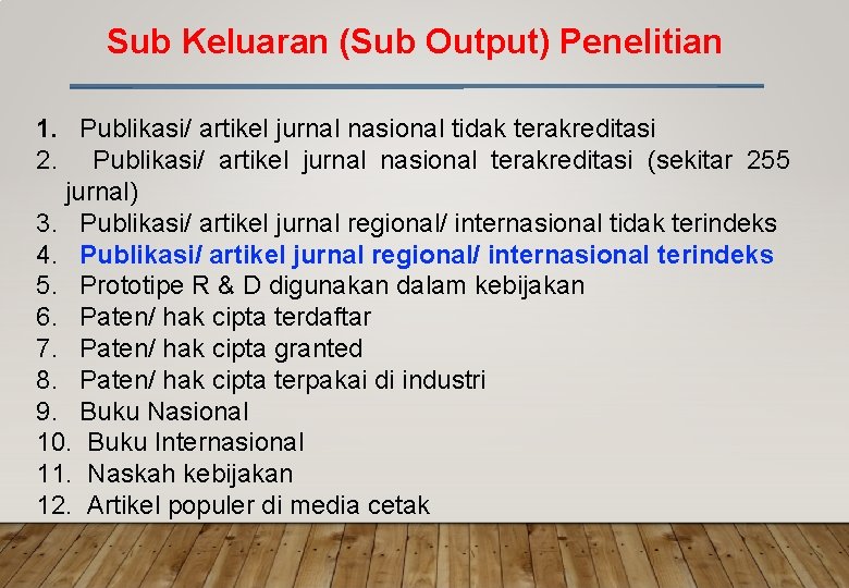 Sub Keluaran (Sub Output) Penelitian 1. Publikasi/ artikel jurnal nasional tidak terakreditasi 2. Publikasi/