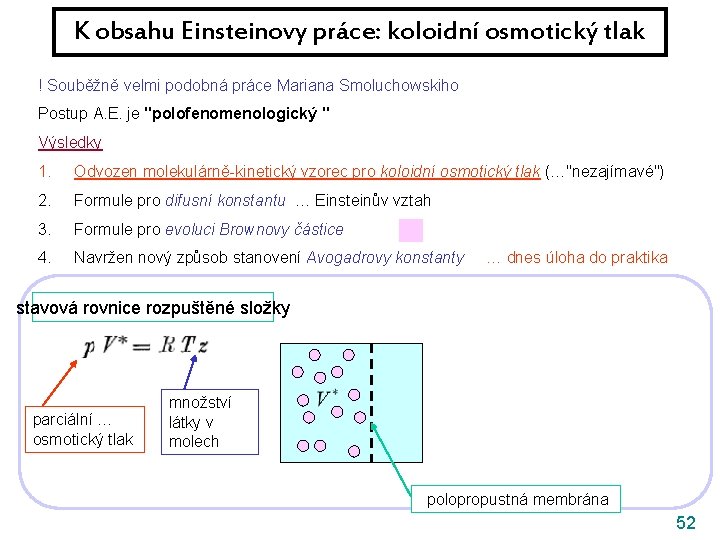 K obsahu Einsteinovy práce: koloidní osmotický tlak ! Souběžně velmi podobná práce Mariana Smoluchowskiho