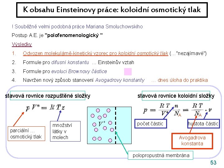 K obsahu Einsteinovy práce: koloidní osmotický tlak ! Souběžně velmi podobná práce Mariana Smoluchowskiho