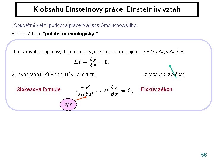 K obsahu Einsteinovy práce: Einsteinův vztah ! Souběžně velmi podobná práce Mariana Smoluchowskiho Postup