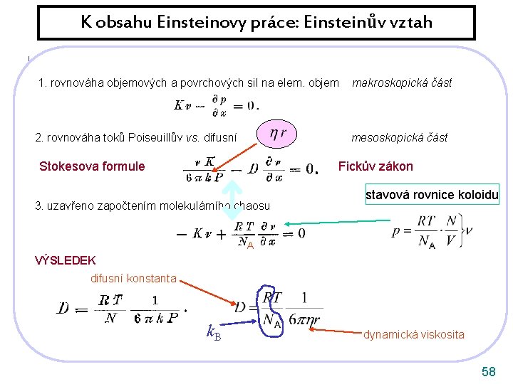 K obsahu Einsteinovy práce: Einsteinův vztah ! Souběžně velmi podobná práce Mariana Smoluchowskiho Postup