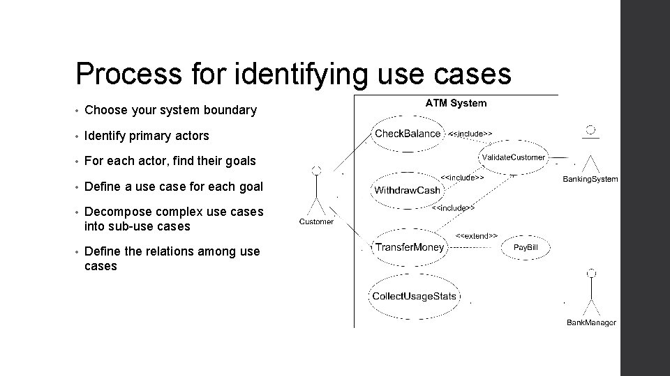 Process for identifying use cases • Choose your system boundary • Identify primary actors