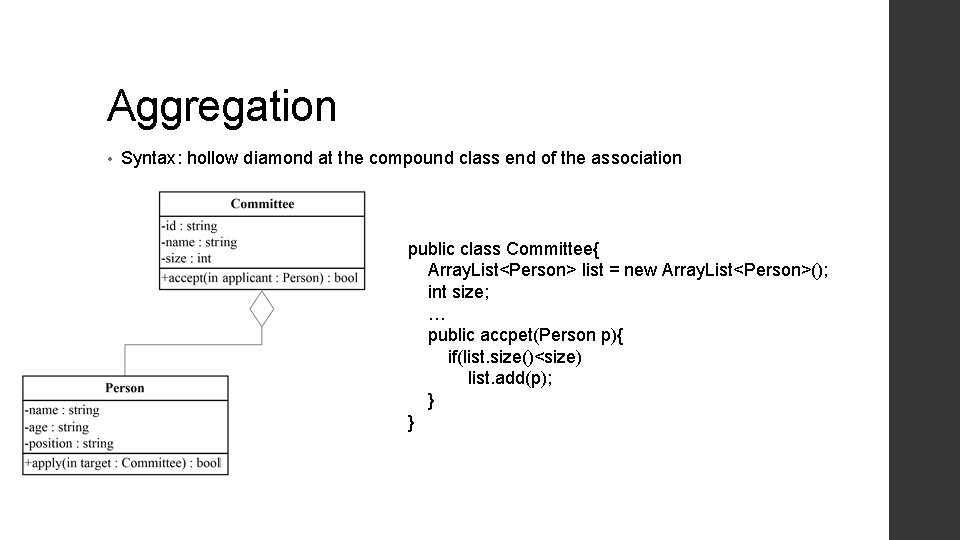 Aggregation • Syntax: hollow diamond at the compound class end of the association public