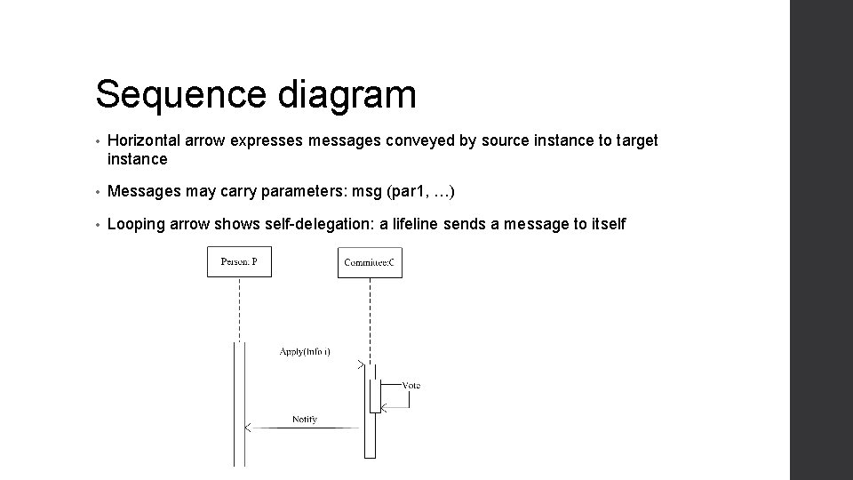 Sequence diagram • Horizontal arrow expresses messages conveyed by source instance to target instance