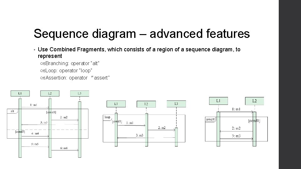 Sequence diagram – advanced features • Use Combined Fragments, which consists of a region