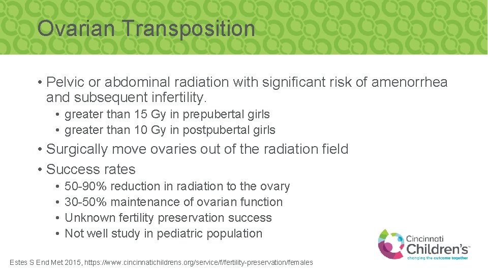 Ovarian Transposition • Pelvic or abdominal radiation with significant risk of amenorrhea and subsequent