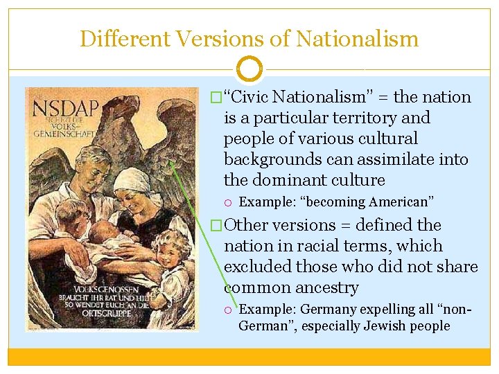 Different Versions of Nationalism �“Civic Nationalism” = the nation is a particular territory and