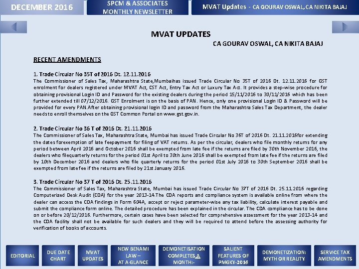 SPCM & ASSOCIATES MONTHLY NEWSLETTER DECEMBER 2016 MVAT Updates - CA GOURAV OSWAL, CA